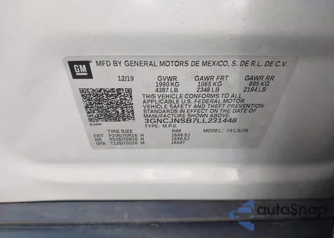 2020 Chevrolet Trax Awd Ls from USA, damaged, VIN 3GNCJNSB7LL231448